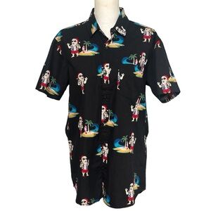 Rugby University Casual Black Short Sleeve Button Down Tropical Santa Surf NWOT